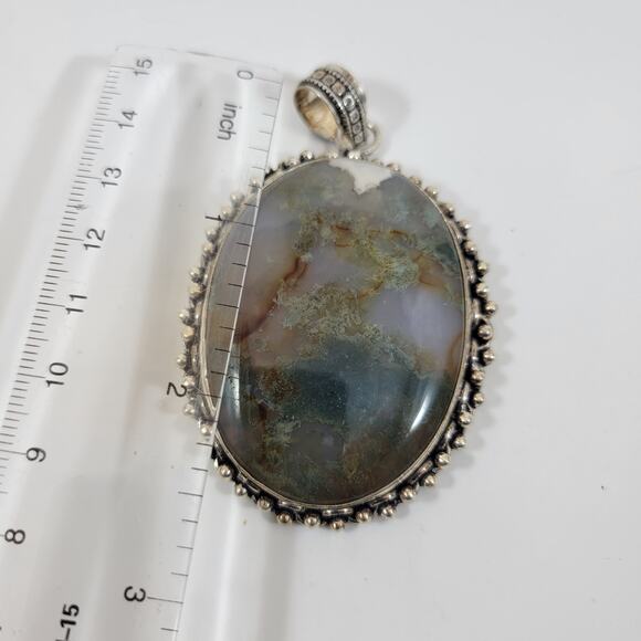 Handmade Sterling Silver Pendant with Moss Agate Oval Cabochon Green Gemstone - Picture 2 of 10